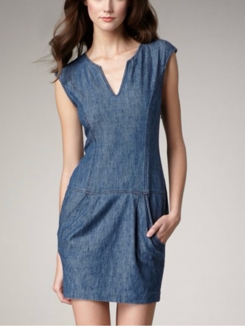 Theory Denim Style Cotton Boho Cottagecore Plunge Neck Pockets Mini Sheath Dress